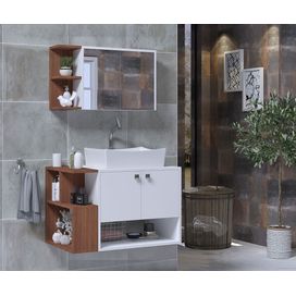 Kit Milano 69cm com Lavatório Sintético e Espelheira Branco e Freijó Arte Gabinetes