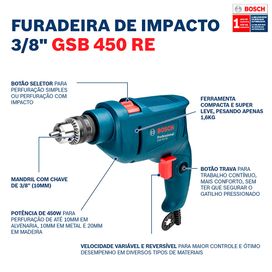 Kit Furadeira Impacto 10mm 450W GSB450RE 220V Azul Preto Bosch